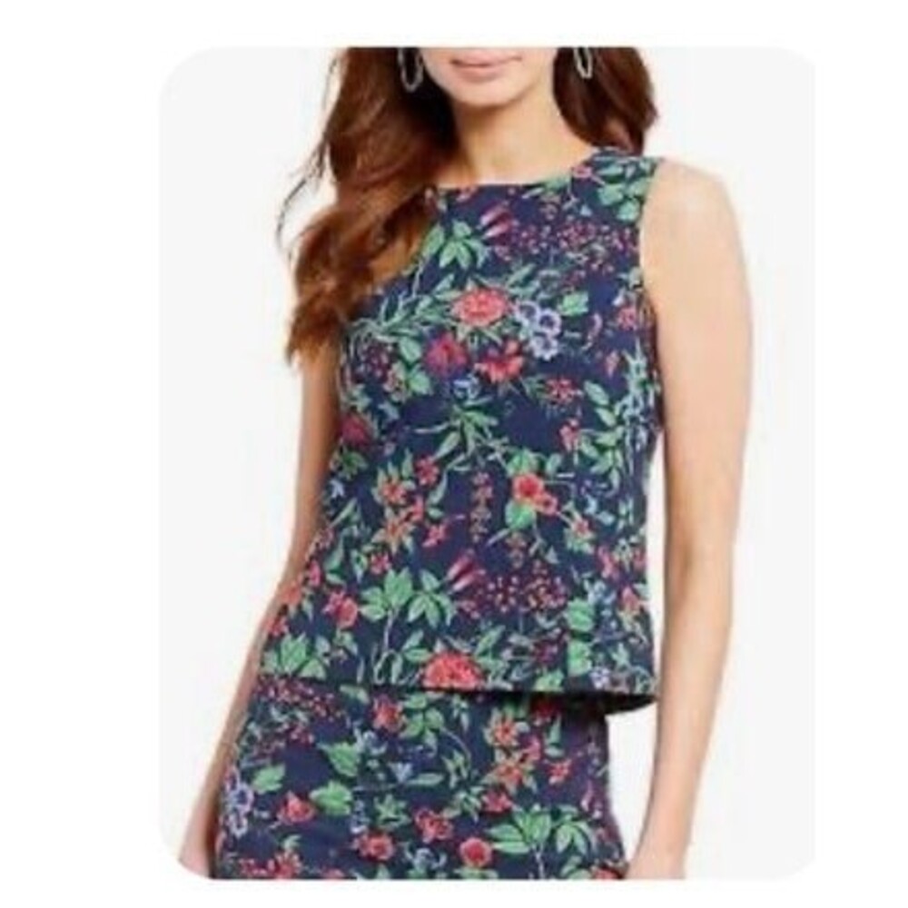 J. McLaughlin 2 Piece Set Layne Top/Margot Pants Sz. 8 Amelia Navy Blue Floral
